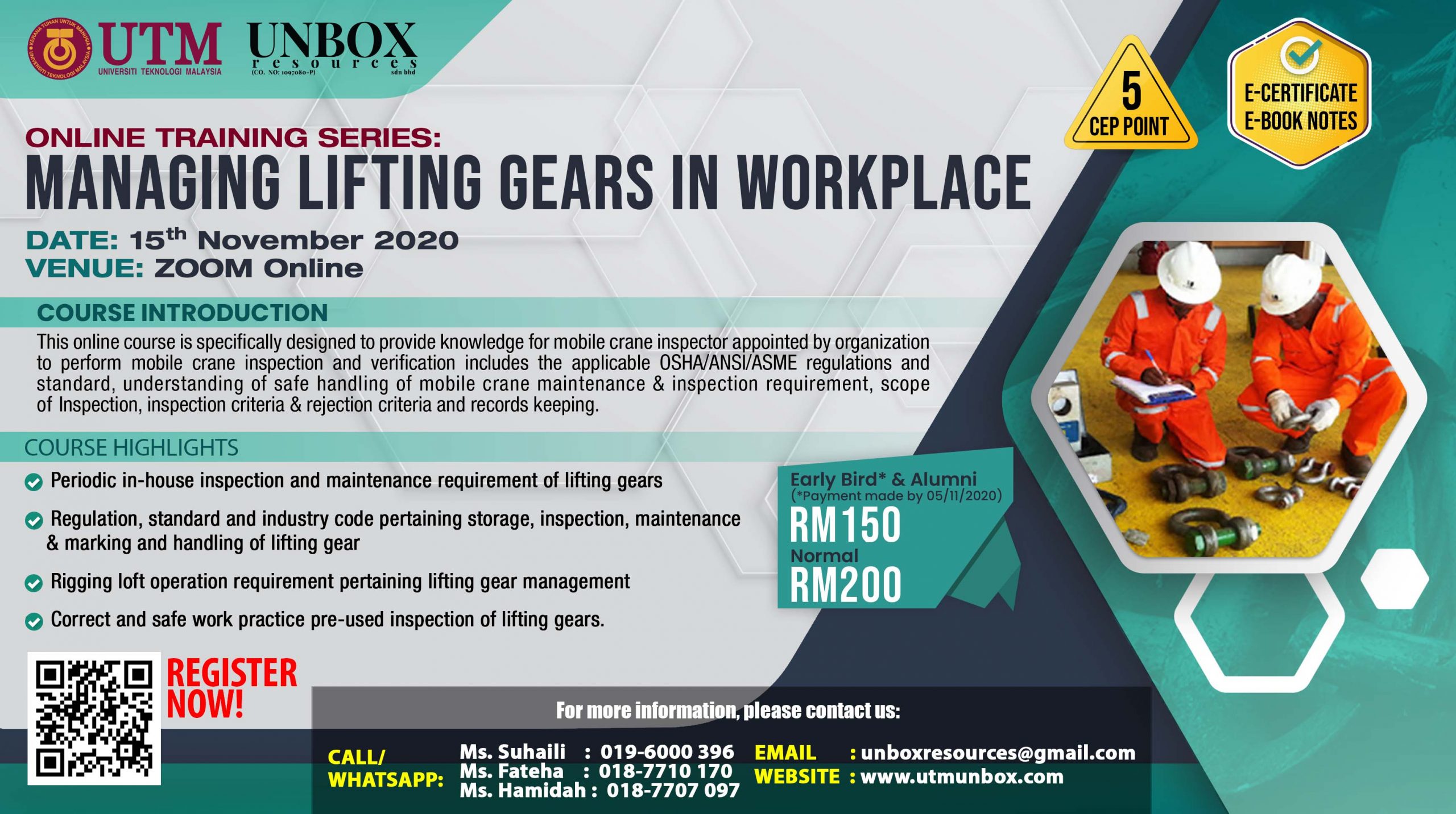 You are currently viewing UPCOMING: ONLINE CEP COURSE FOR MANAGING LIFTING GEARS IN WORKPLACE (15 NOVEMBER 2020 , ZOOM ONLINE)