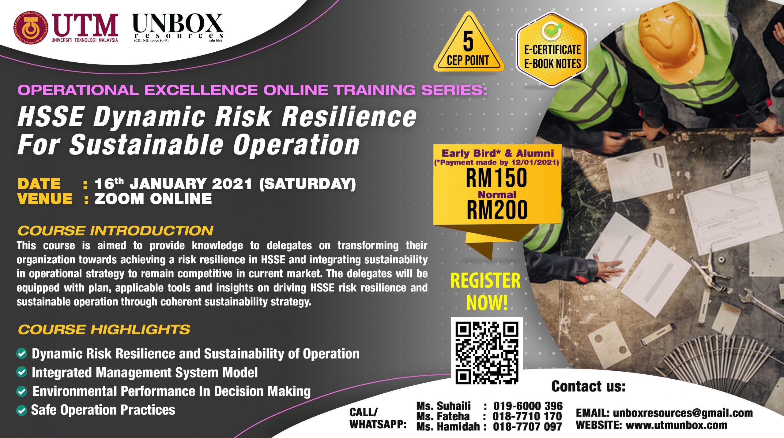 You are currently viewing COMPLETED: ONLINE CEP COURSE: HSSE DYNAMIC RISK RESILIENCE FOR SUSTAINABLE OPERATION (16 JANUARY 2021, ZOOM ONLINE)