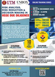 Read more about the article COMPLETED –  ONLINE 10 CEP COURSE: RISK ANALYSIS, RISK REDUCTION & DECISION MAKING IN HSSE DUE DILIGENCE (22 & 23 DECEMBER 2020, ZOOM ONLINE)