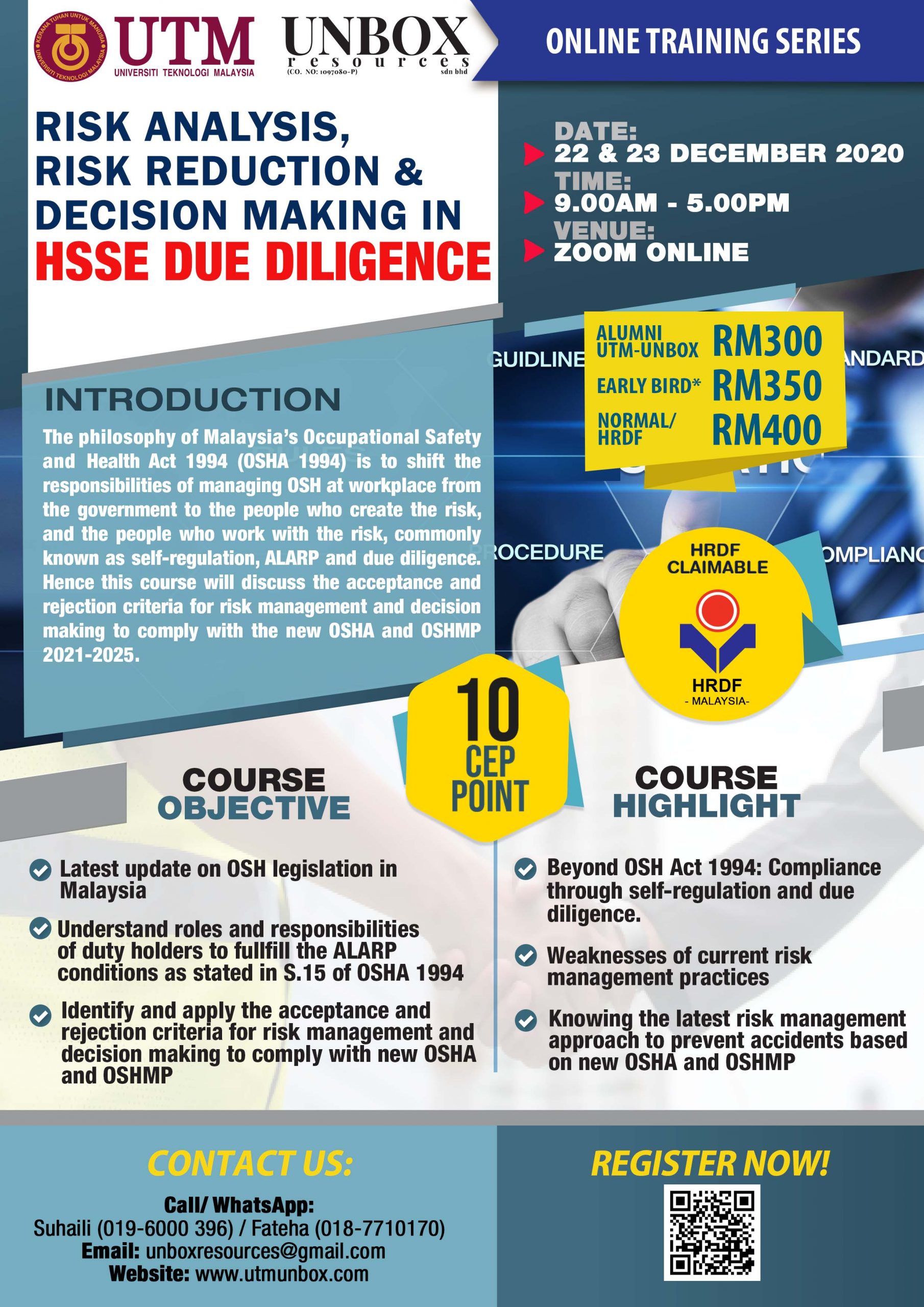 You are currently viewing COMPLETED –  ONLINE 10 CEP COURSE: RISK ANALYSIS, RISK REDUCTION & DECISION MAKING IN HSSE DUE DILIGENCE (22 & 23 DECEMBER 2020, ZOOM ONLINE)