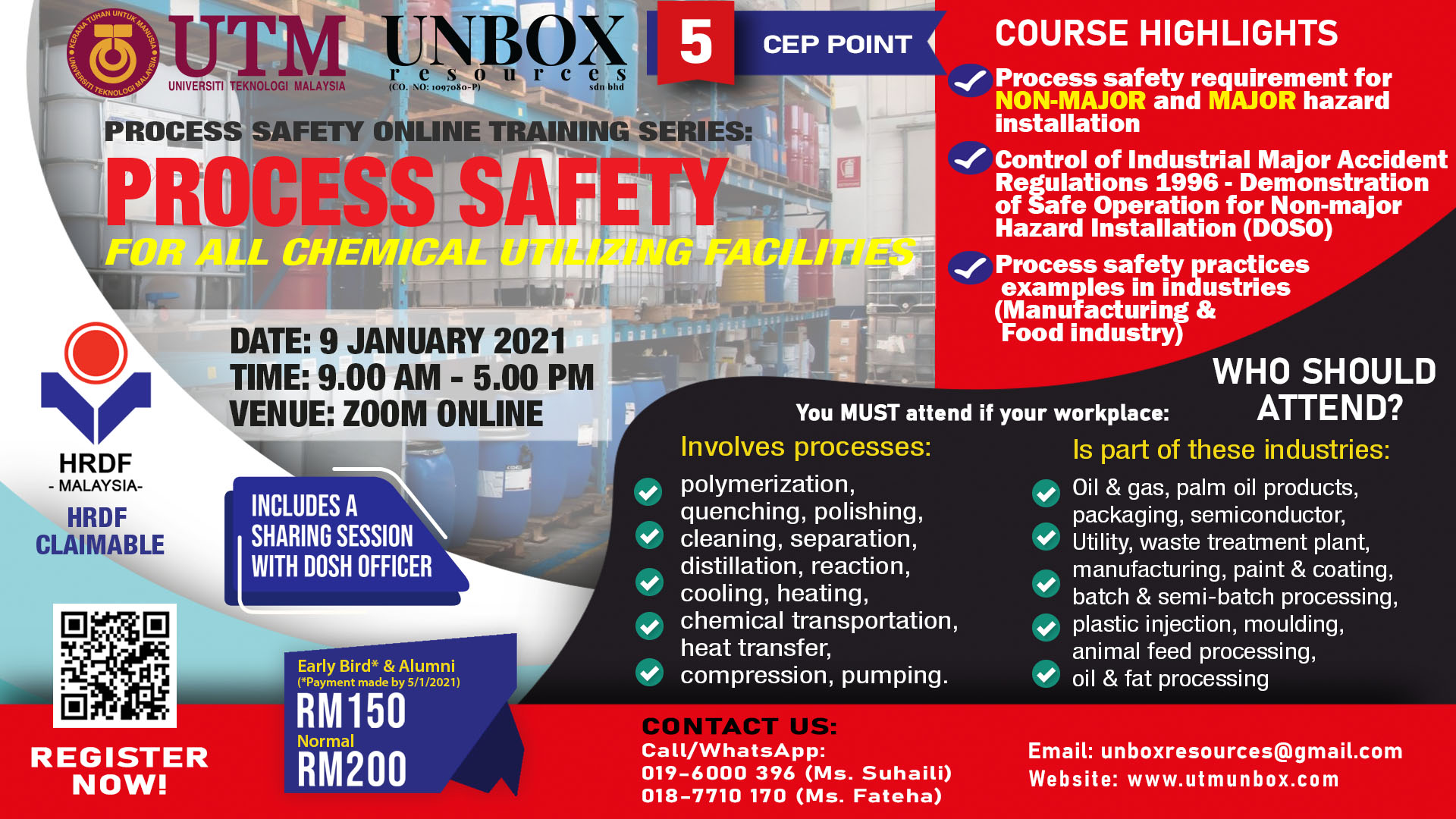 You are currently viewing COMPLETED: ONLINE CEP COURSE: PROCESS SAFETY FOR ALL CHEMICAL UTILIZING FACILITIES (9 JANUARY 2021, ZOOM ONLINE)