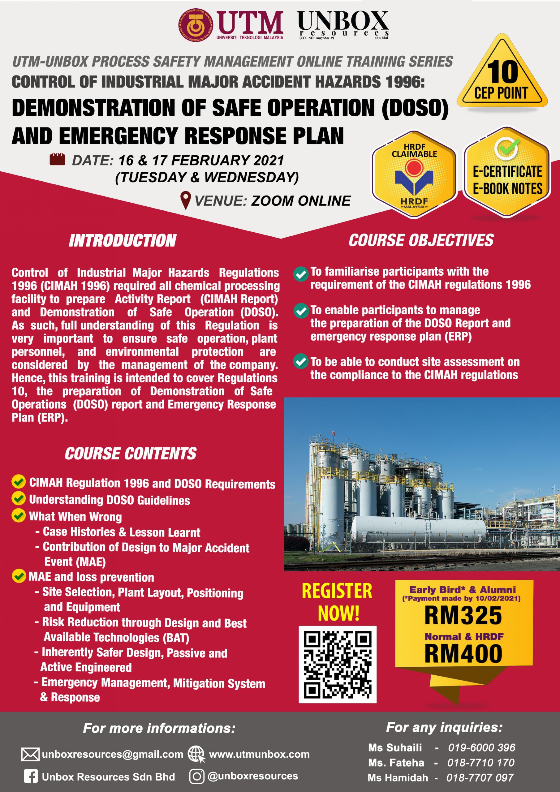 You are currently viewing UPCOMING UTM-Unbox Process Safety Management Online Training Series: CONTROL OF INDUSTRIAL MAJOR HAZARDS (CIMAH) 1996: DEMONSTRATION OF SAFE OPERATION (DOSO) AND  EMERGENCY RESPONSE PLAN (ERP)