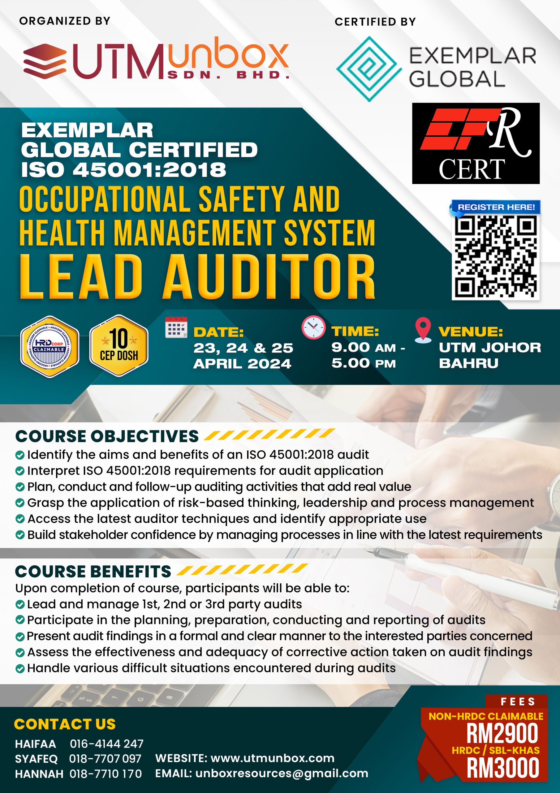 Read more about the article EXEMPLAR GLOBAL CERTIFIED ISO 45001:  2018 OCCUPATIONAL SAFETY &  HEALTH MANAGEMENT SYSTEM LEAD AUDITOR